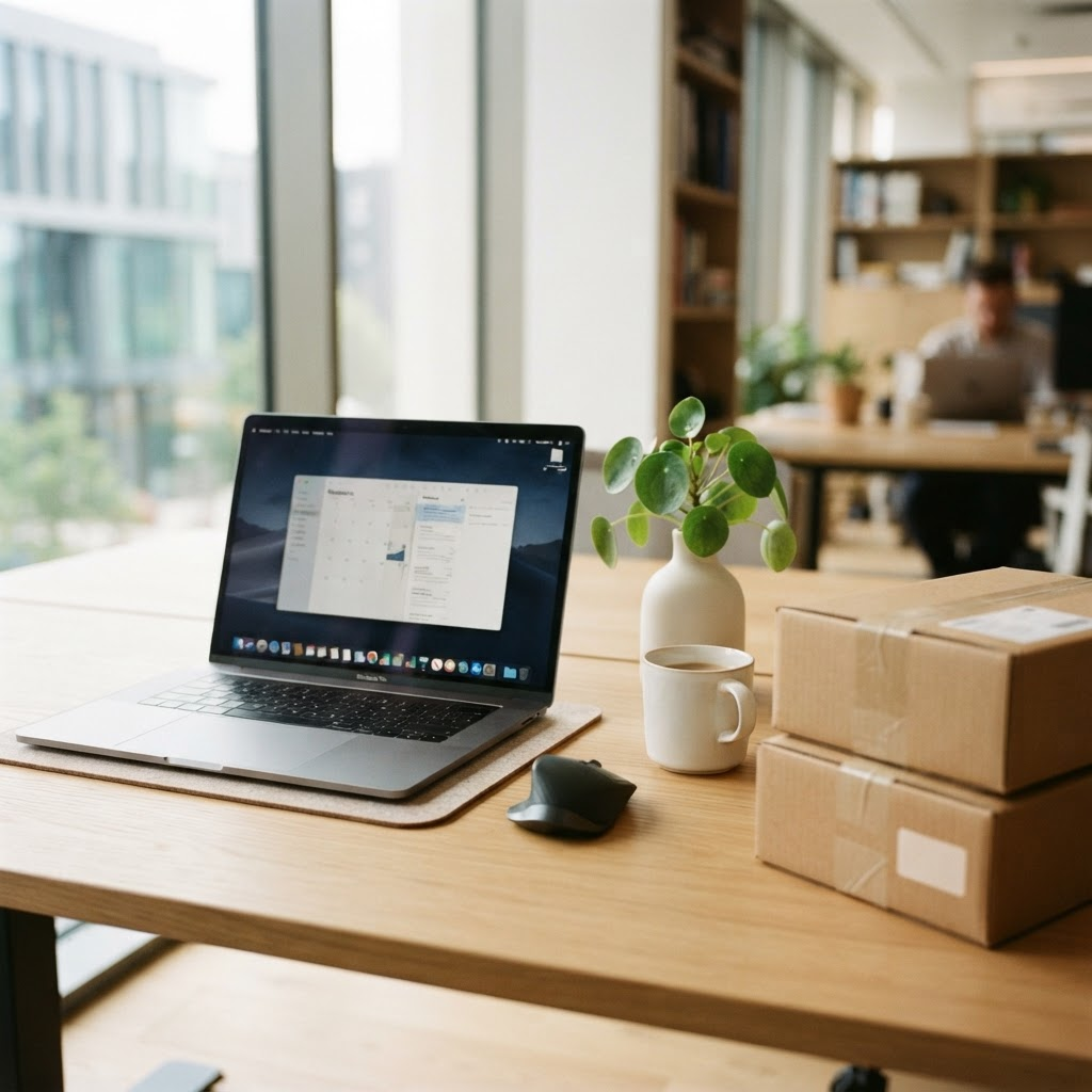 Modern workspace with a laptop, plant, and shipping boxes representing product supply and distribution
